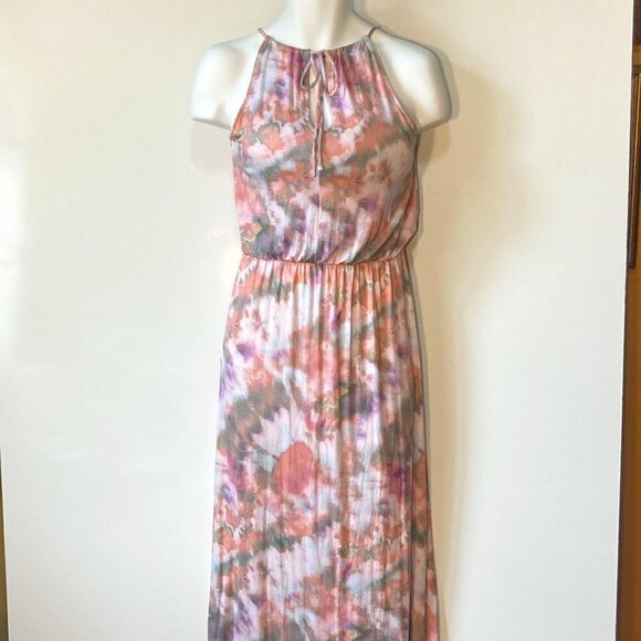 SO SZ L NWT Adjustable halter style multi watercolor print maxi dress - Picture 1 of 7